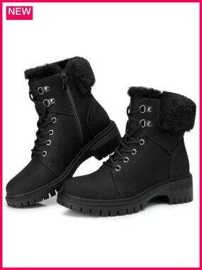 Women's Faux Leather Winter Ankle Combat Boots Lace-Up Fur Lined